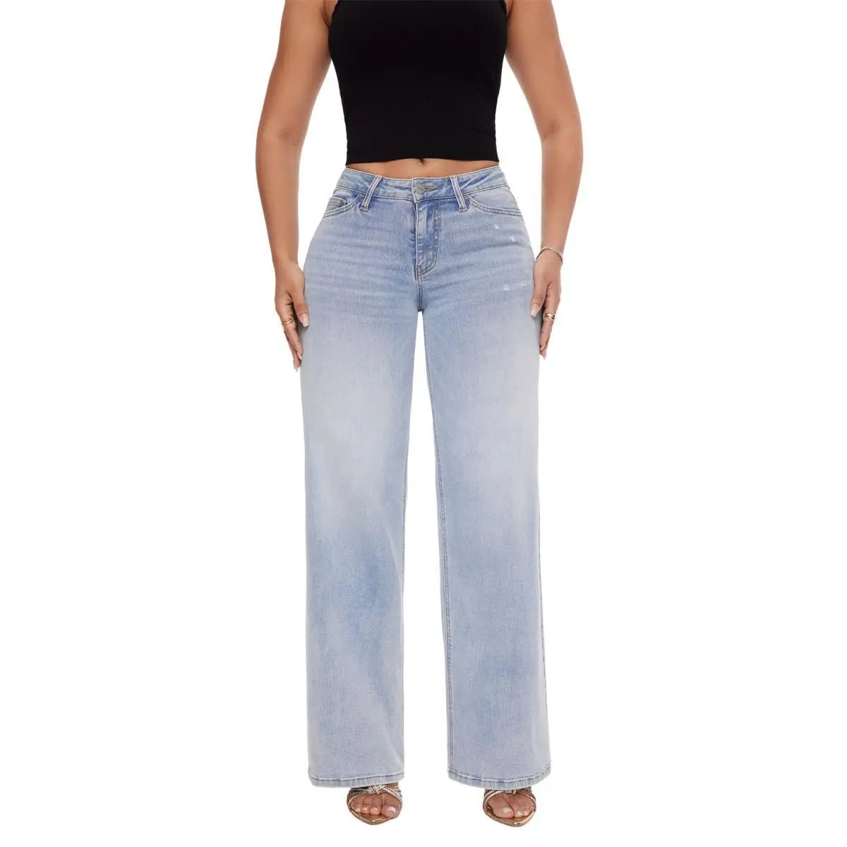 Mid-low Rise Baggy Jeans Stretchy Wide Leg for Women