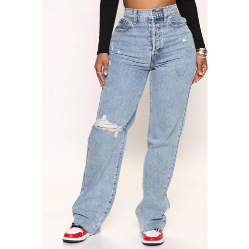 90's Ripped Straight Leg Jeans Medium Wash