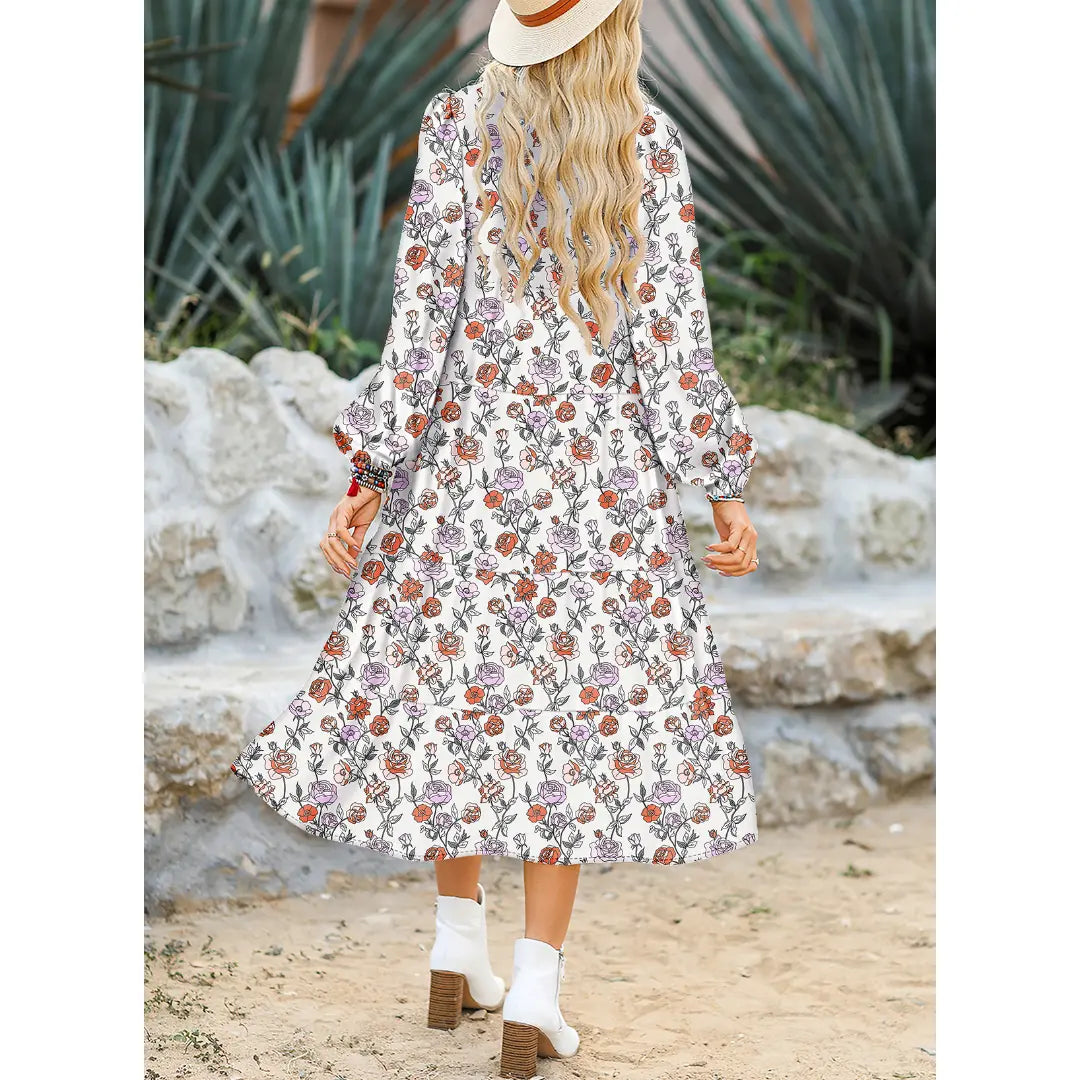 Dokotoo Women's Casual Bohemian Floral Dress 2026 V-Neck Long Puff Sleeve Midi Dress Soft Fabric Comfortable Summer Dress - Womenswear