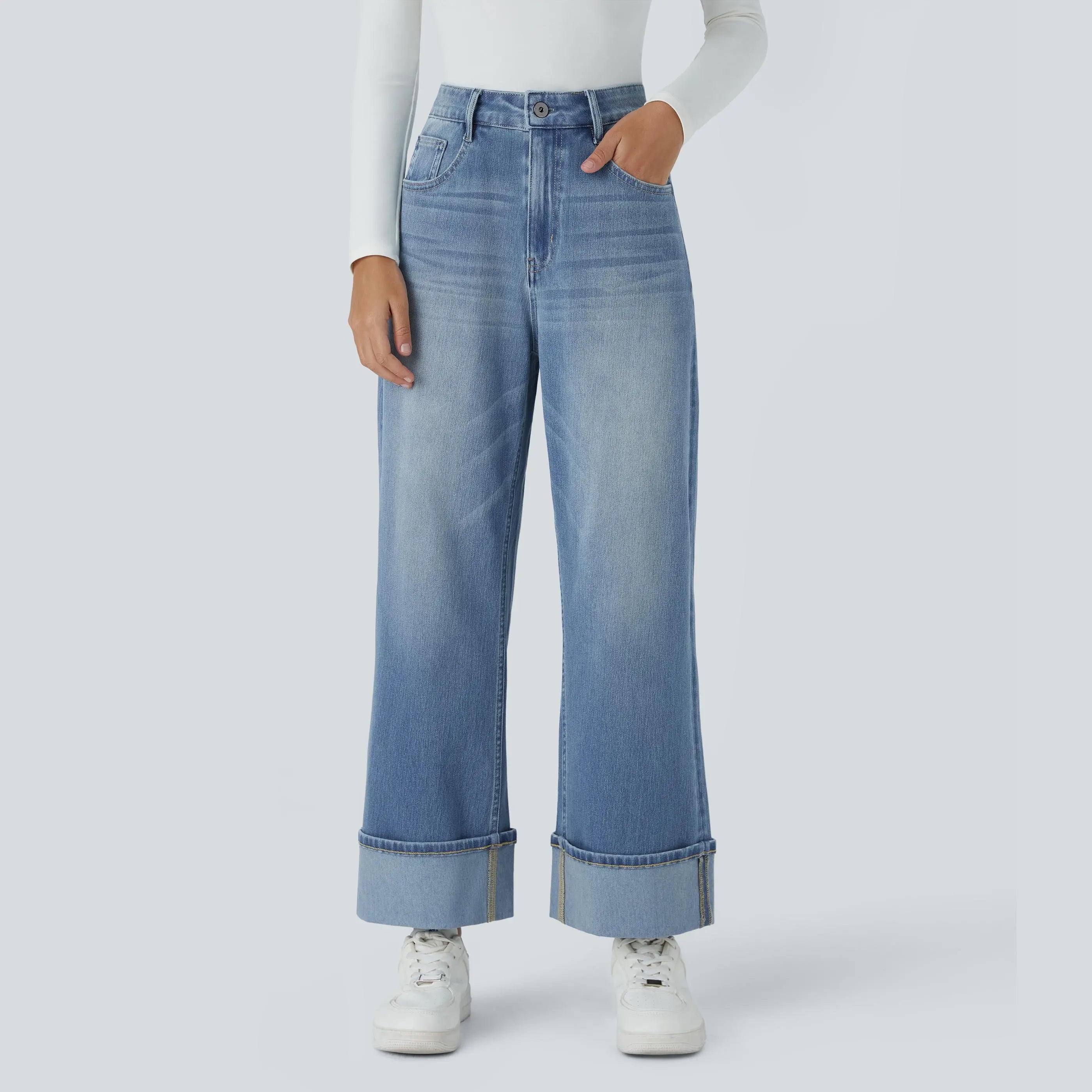 Flex High Waisted Pockets Rolled Hem Wide Leg Washed Casual Jeans