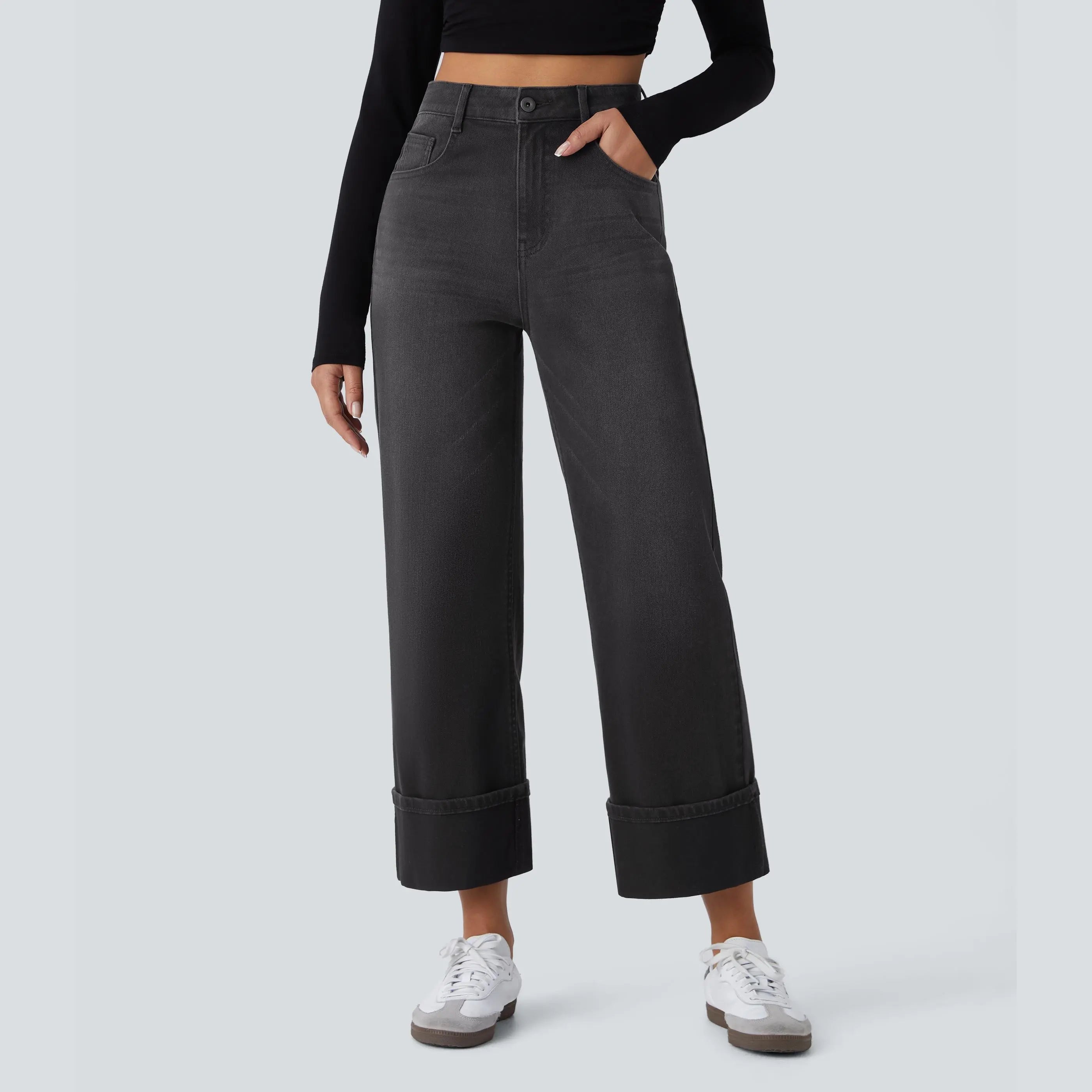 Flex High Waisted Pockets Rolled Hem Wide Leg Washed Casual Jeans