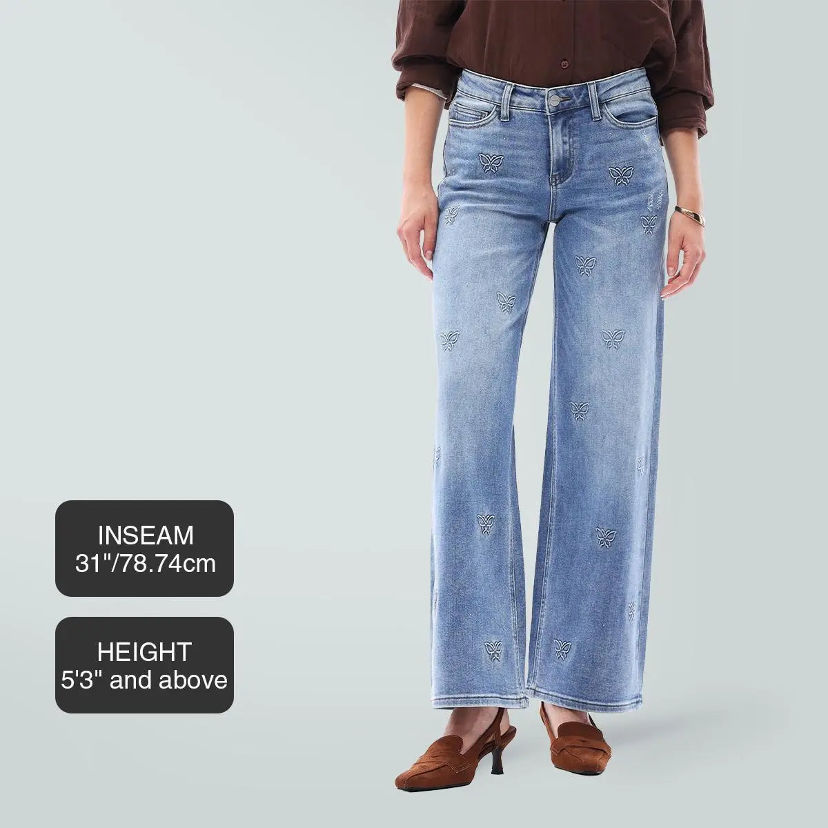 Mid-low Rise Baggy Jeans Stretchy Wide Leg for Women