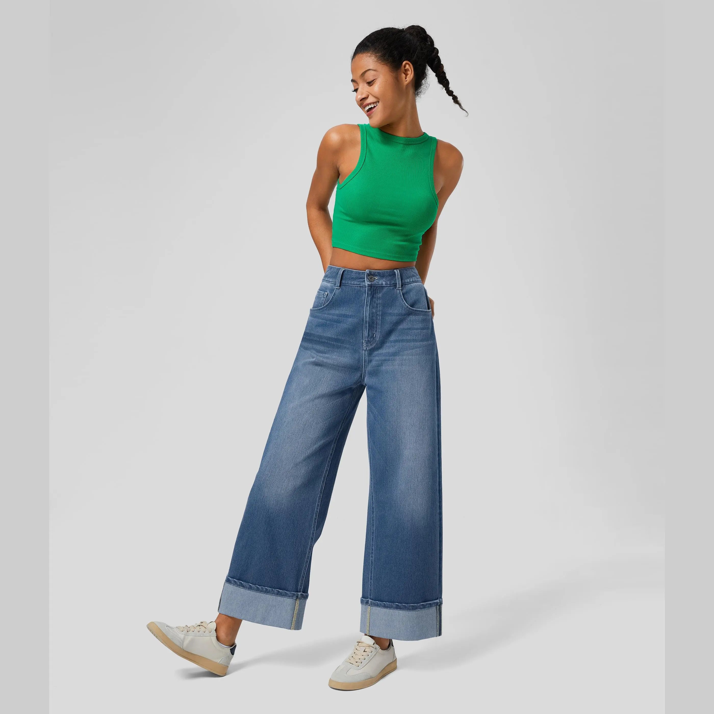 Halara Flex High Waisted Pockets Rolled Hem Wide Leg Washed Casual Jeans