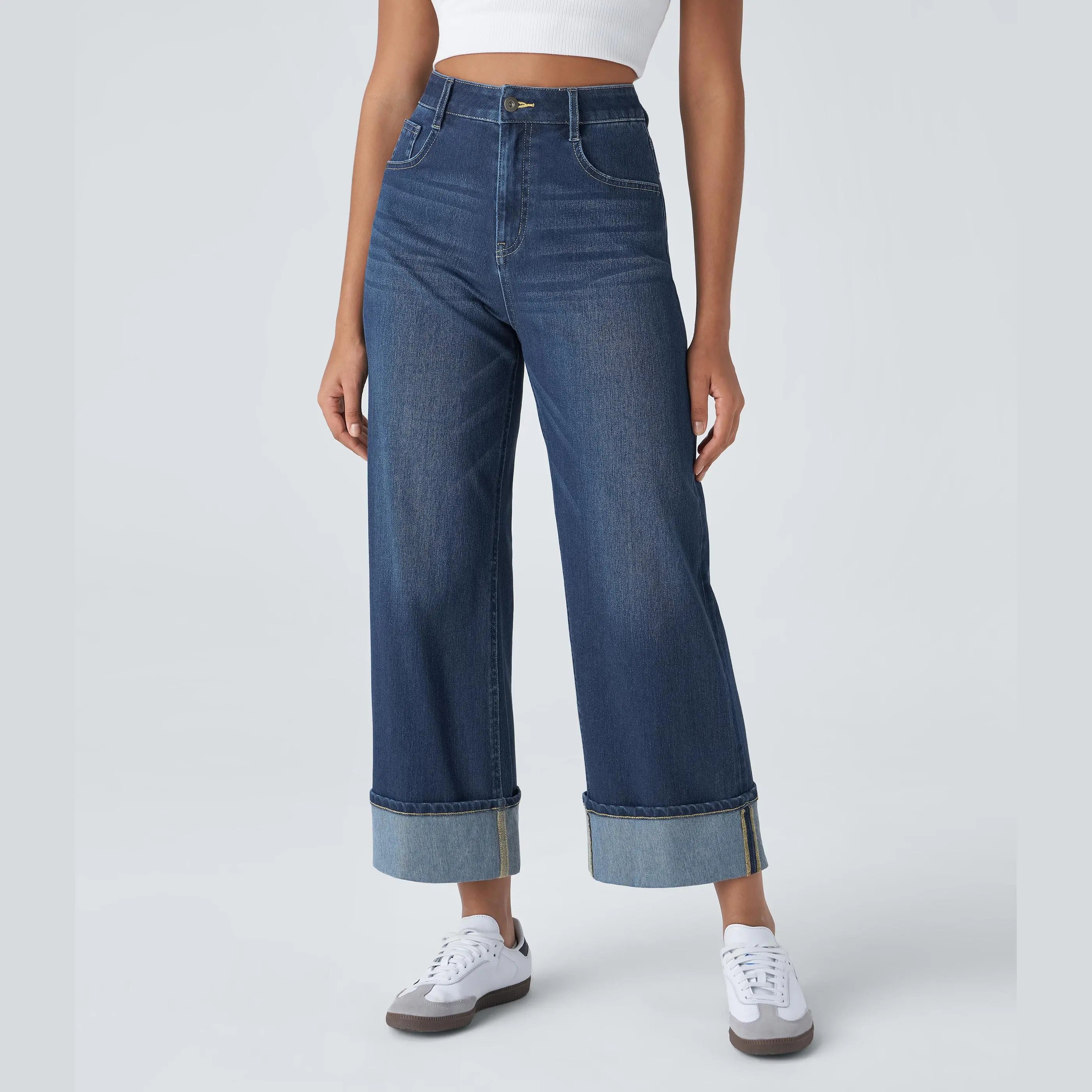 Flex High Waisted Pockets Rolled Hem Wide Leg Washed Casual Jeans