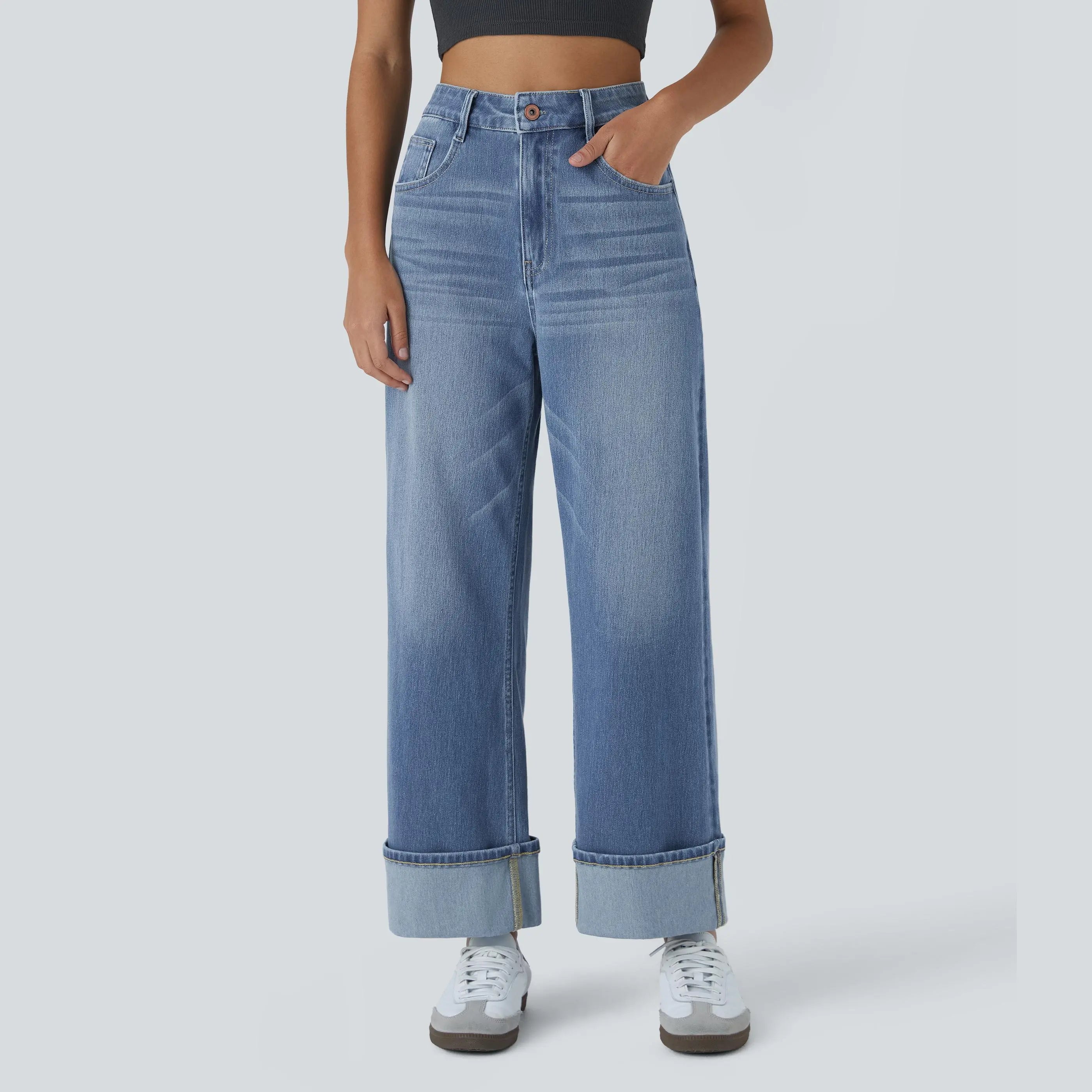 Flex High Waisted Pockets Rolled Hem Wide Leg Washed Casual Jeans