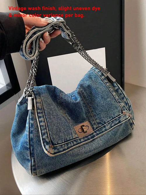 Fashion Denim Chain Shoulder Bag, 2026 New Styling Casual Versatile Crossbody Bag for Women, Trendy All-match Commuter Bag for Daily Travel Work Commute