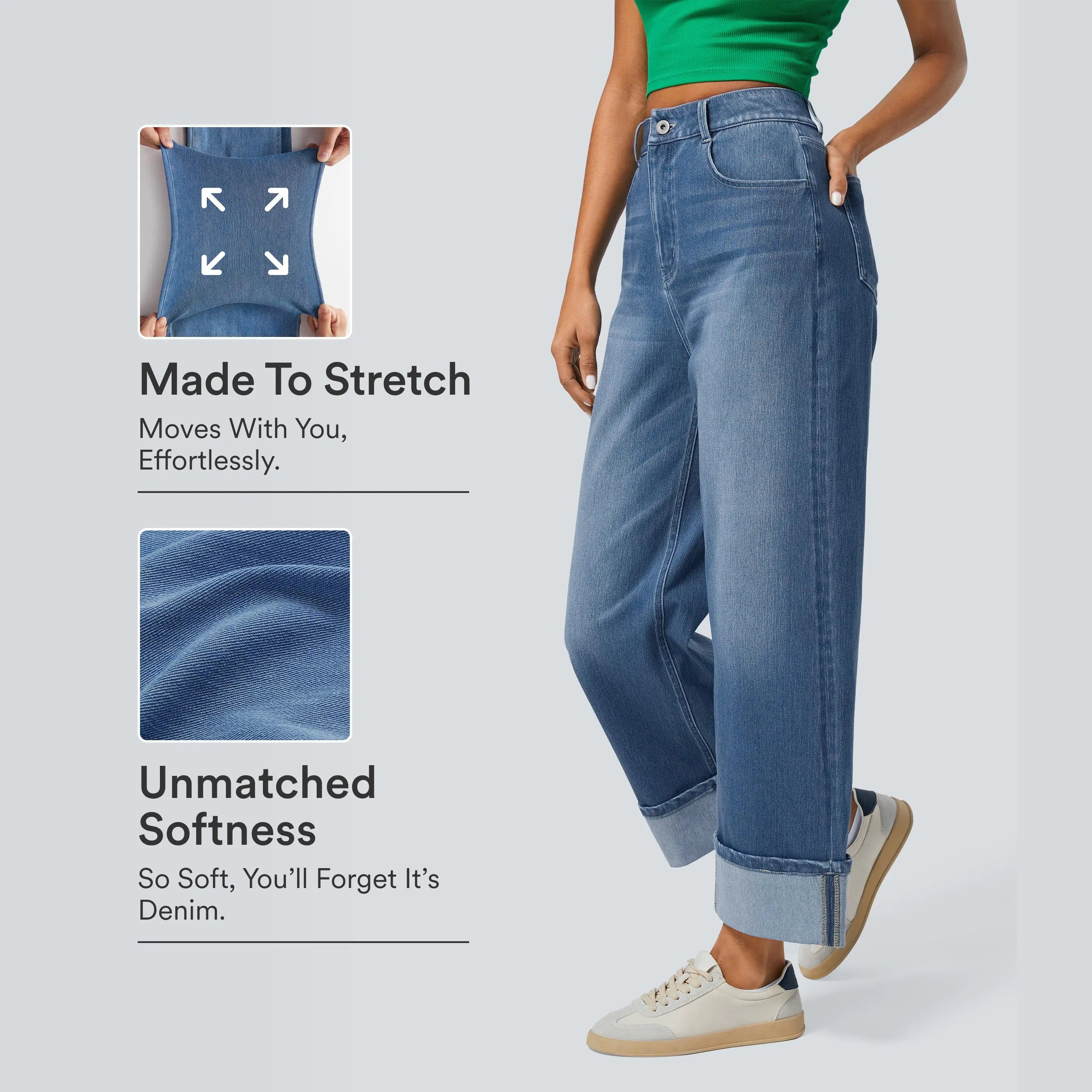 Halara Flex High Waisted Pockets Rolled Hem Wide Leg Washed Casual Jeans