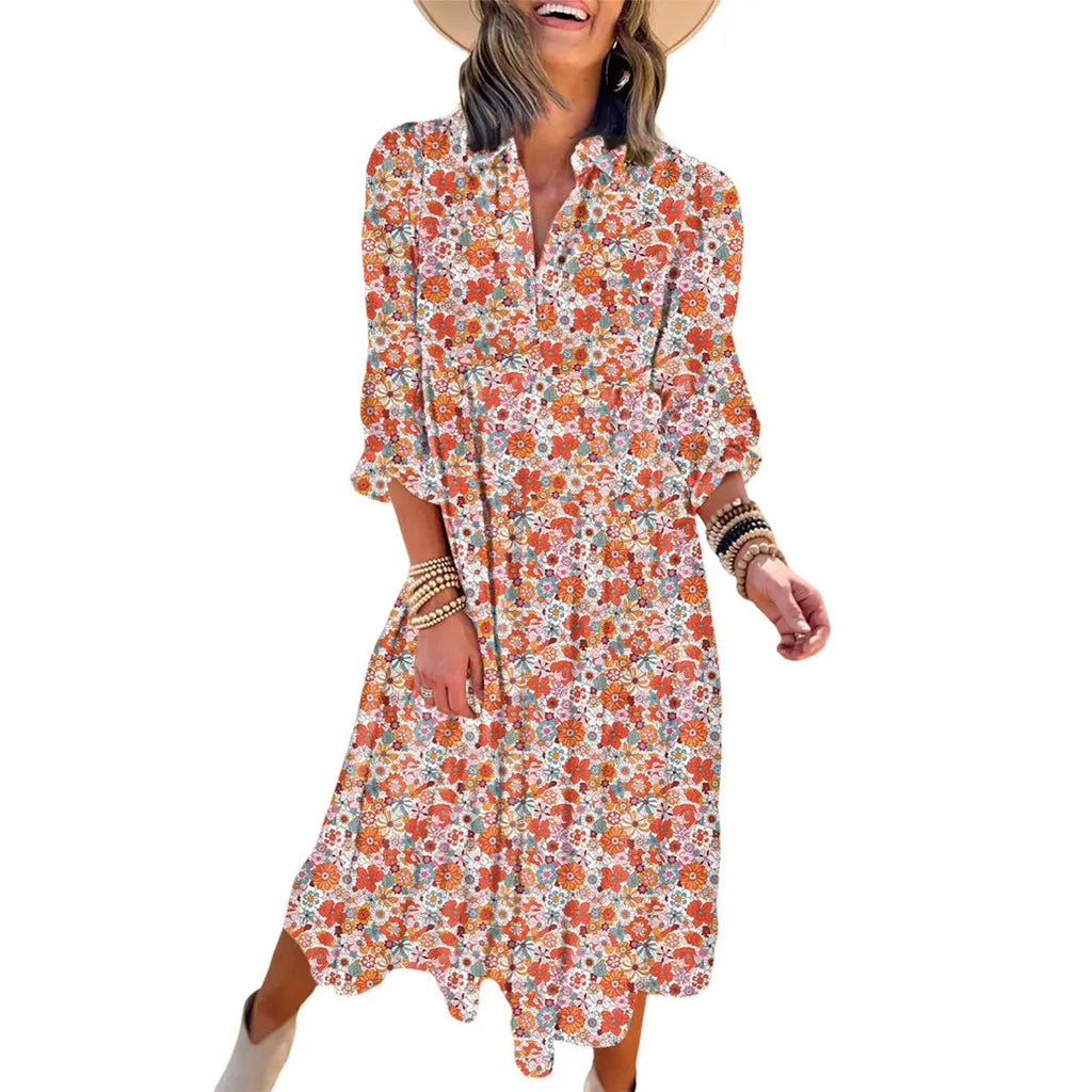 Dokotoo Women's Casual Bohemian Floral Dress 2026 V-Neck Long Puff Sleeve Midi Dress Soft Fabric Comfortable Summer Dress - Womenswear