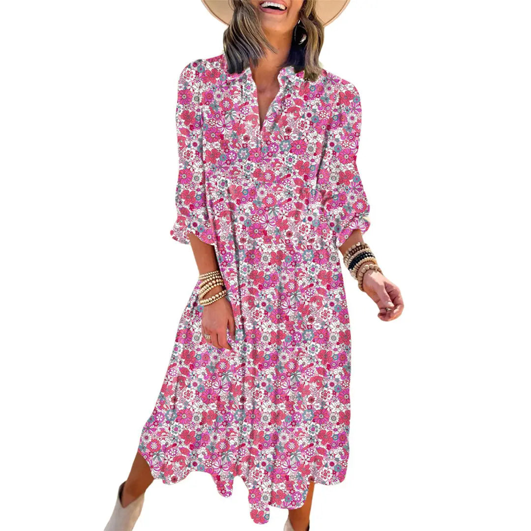 Dokotoo Women's Casual Bohemian Floral Dress 2026 V-Neck Long Puff Sleeve Midi Dress Soft Fabric Comfortable Summer Dress - Womenswear