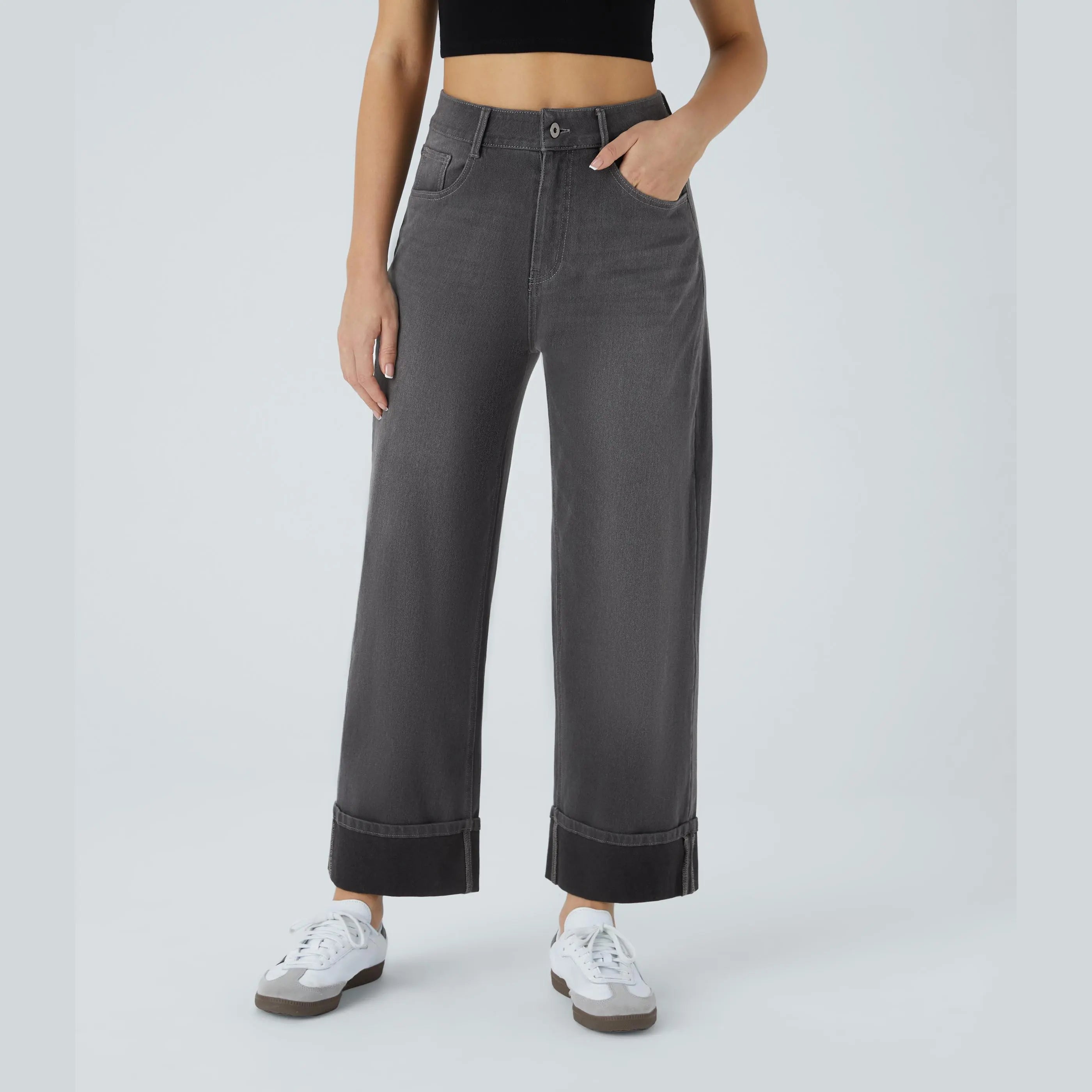 Flex High Waisted Pockets Rolled Hem Wide Leg Washed Casual Jeans