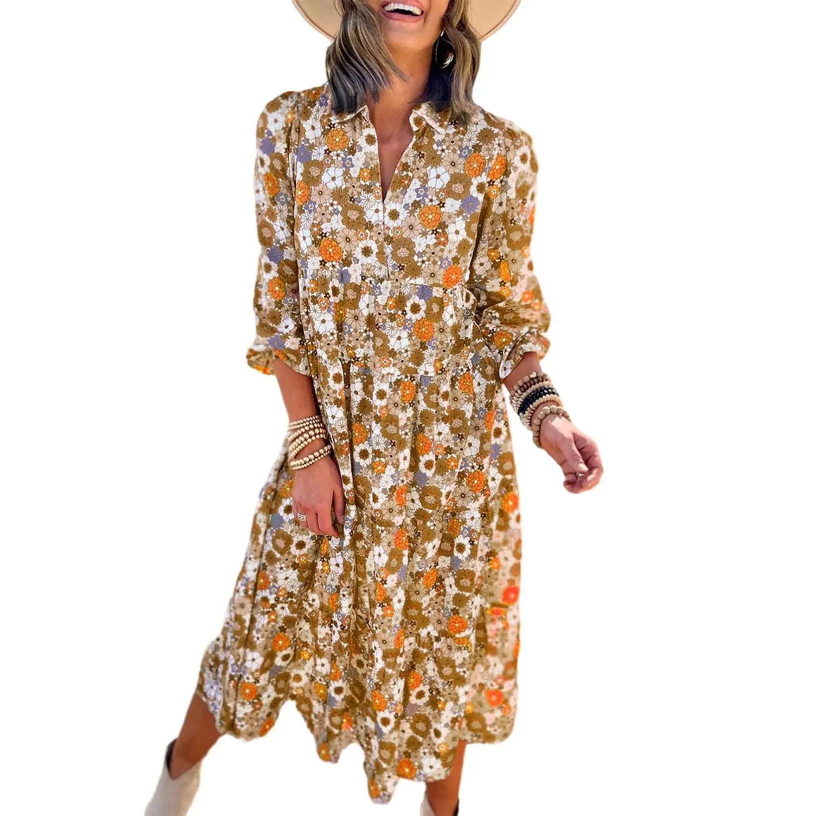 Women's Casual Bohemian Floral Dress 2026 V-Neck Long Puff Sleeve Midi Dress Soft Fabric Comfortable Summer Dress - Womenswear