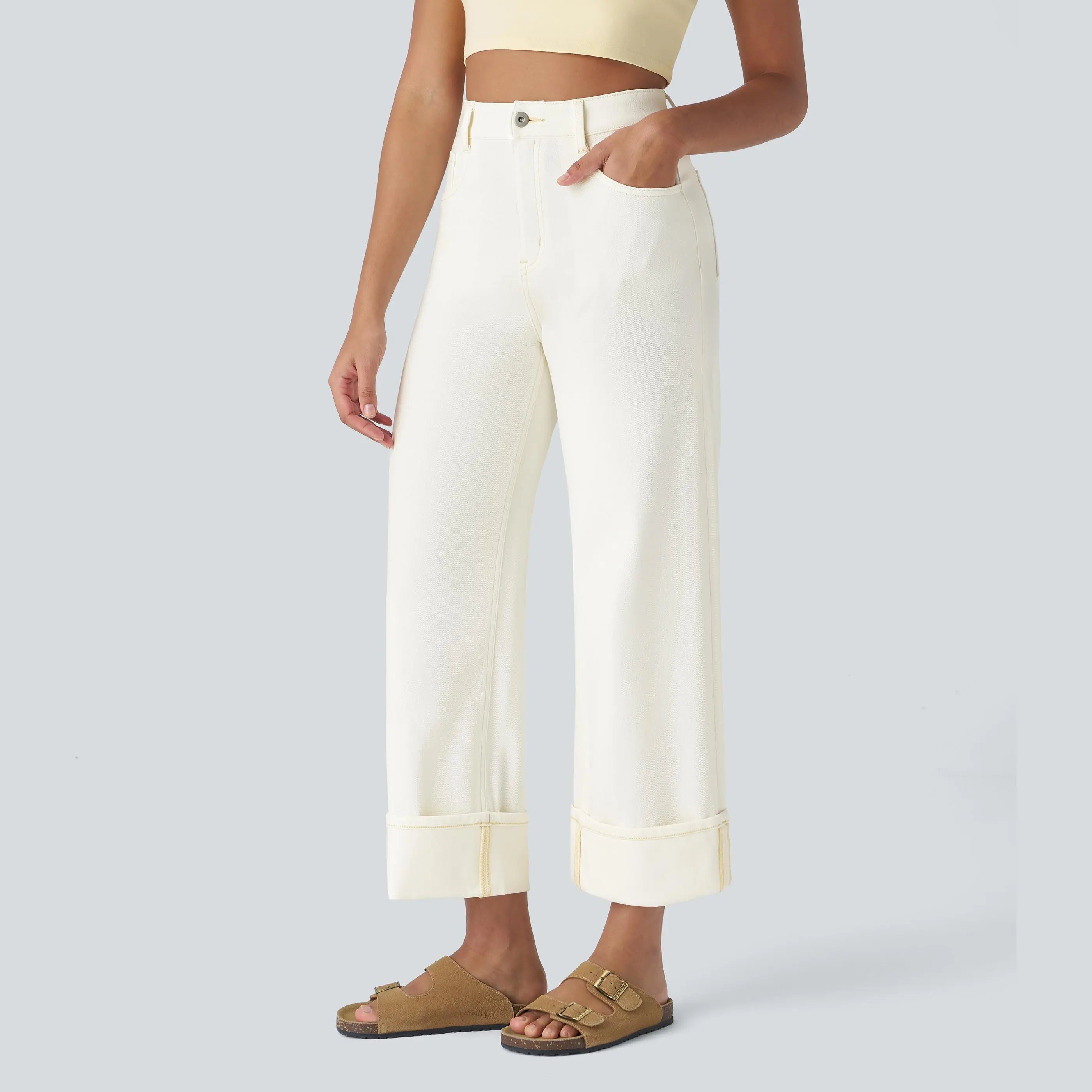 Flex High Waisted Pockets Rolled Hem Wide Leg Washed Casual Jeans