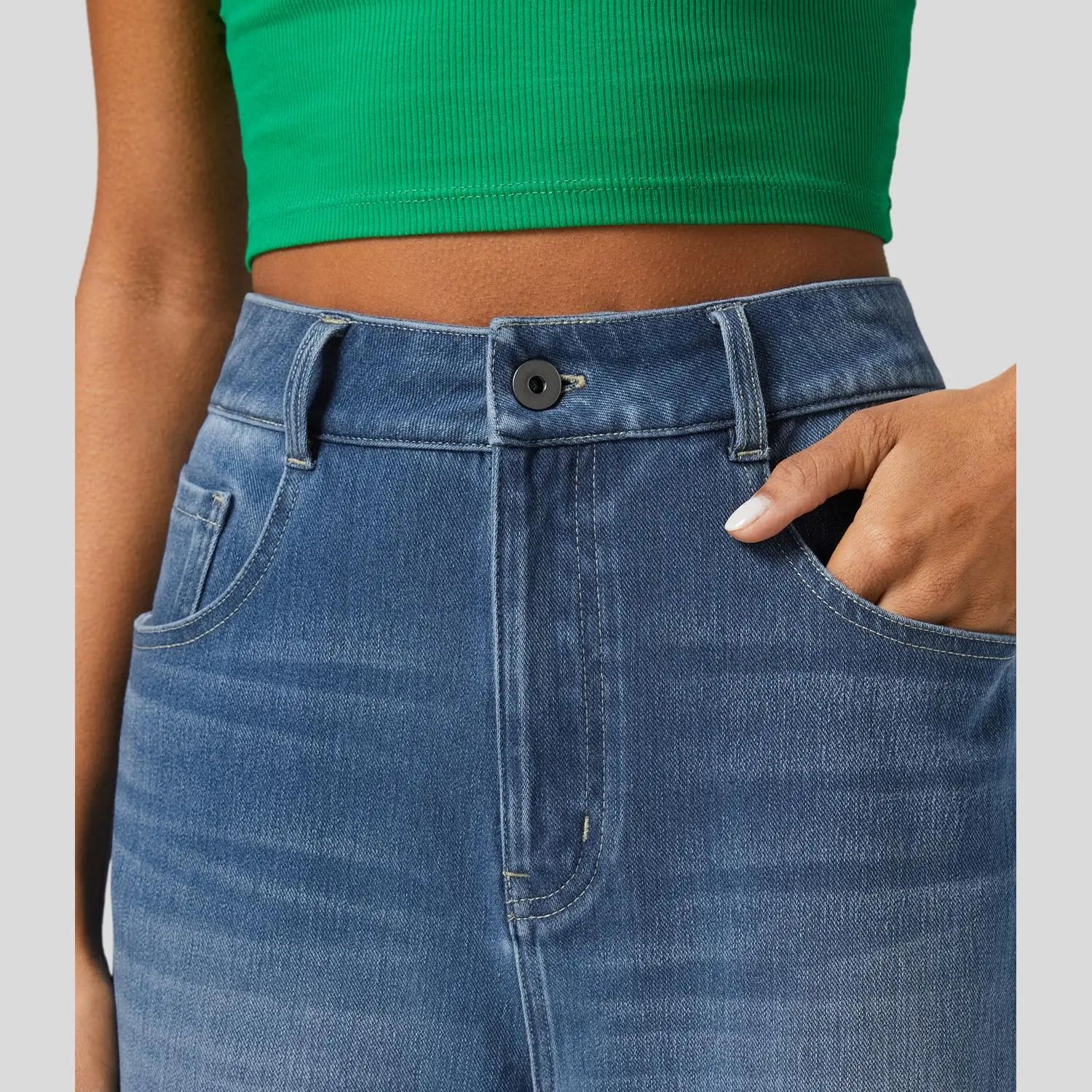Halara Flex High Waisted Pockets Rolled Hem Wide Leg Washed Casual Jeans
