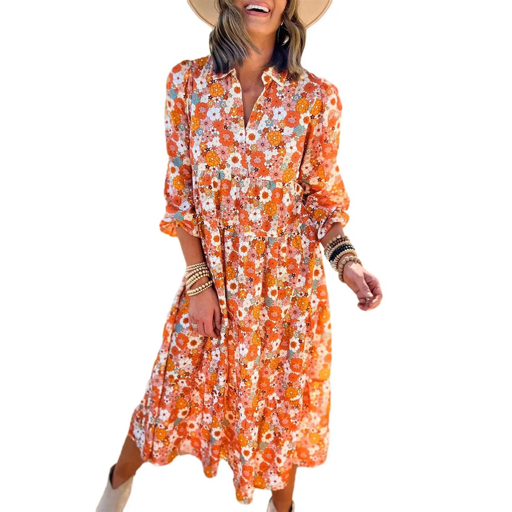 Women's Casual Bohemian Floral Dress 2026 V-Neck Long Puff Sleeve Midi Dress Soft Fabric Comfortable Summer Dress - Womenswear