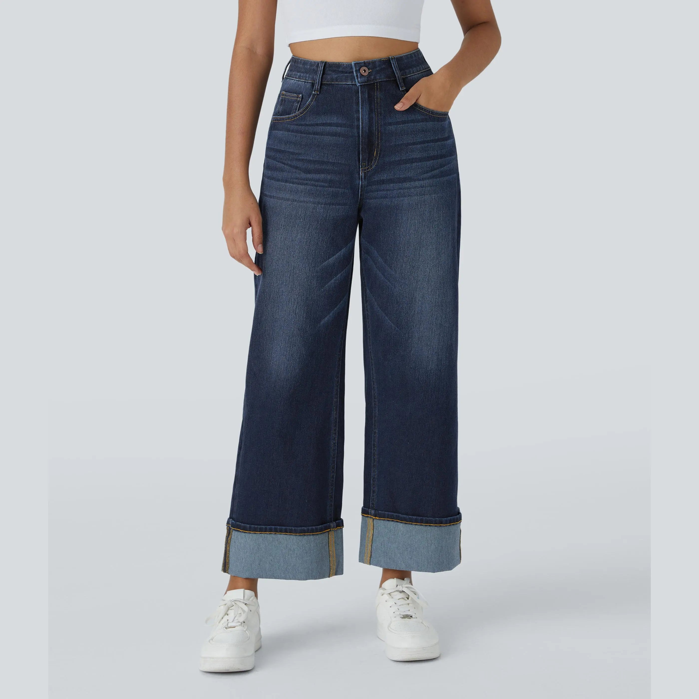 Flex High Waisted Pockets Rolled Hem Wide Leg Washed Casual Jeans