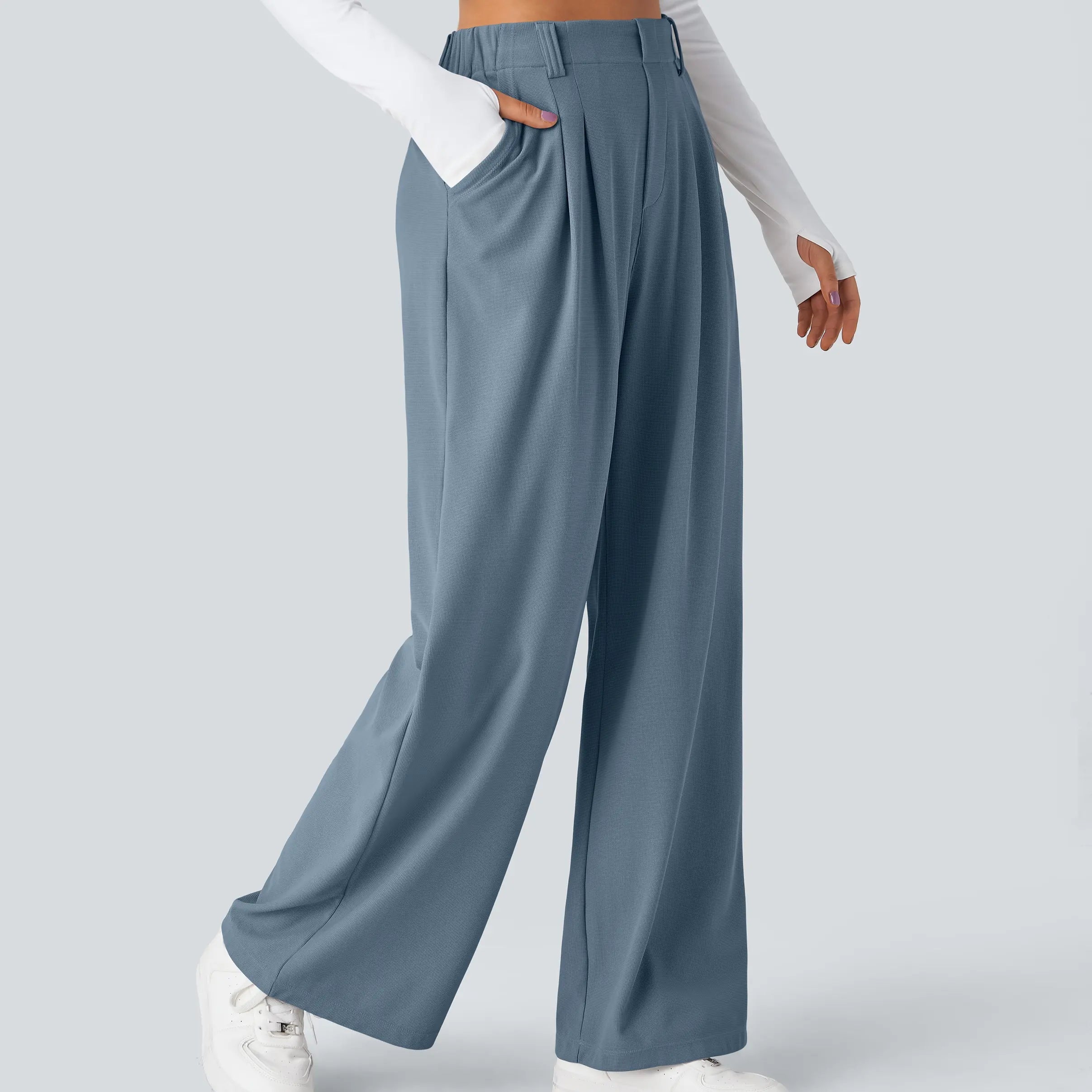 Flex High Waisted Pocket Wide Leg Waffle Work Pants