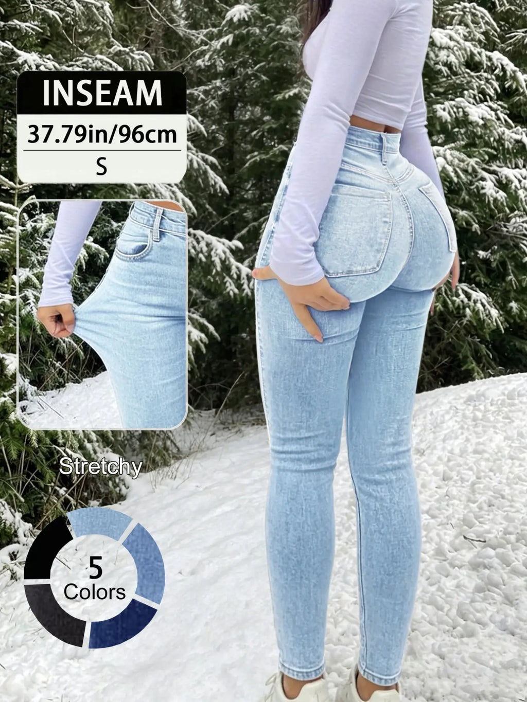 20789# New Elegant Casual Slim-Fit High Waist Long Pants for Women, All-Season Fashion Jeans Button Fly Trousers, Plain Surface, Unlined