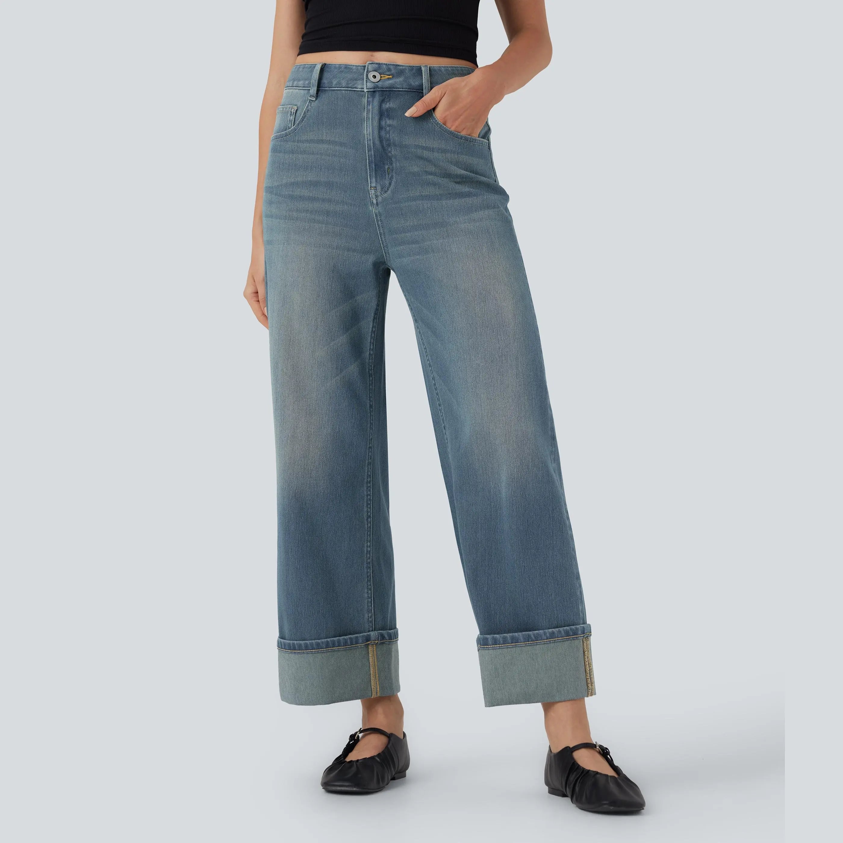 Flex High Waisted Pockets Rolled Hem Wide Leg Washed Casual Jeans